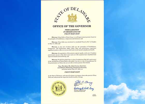 Image for article Delaware: Governor Proclaims May 13 “Falun Dafa Day”